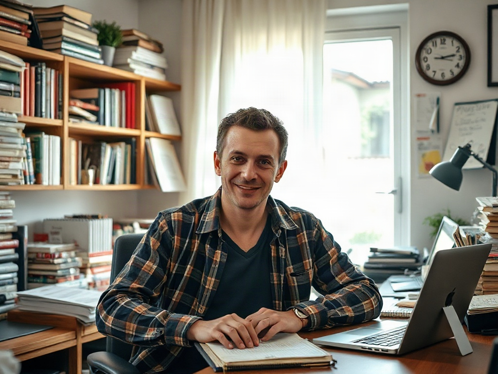 На изображении мужчина улыбается за рабочим столом, окружённый книгами и ноутбуком. В комнате светло.