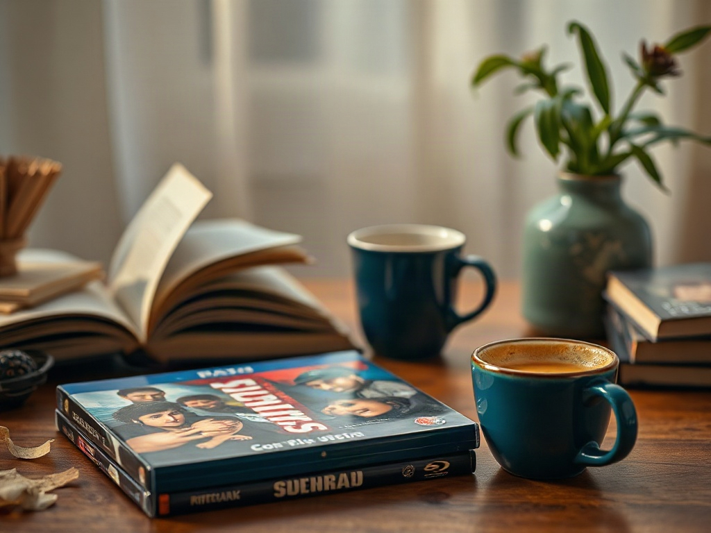 Кофе, книги и фильмы на столе, уютная атмосфера для отдыха и развлечения.